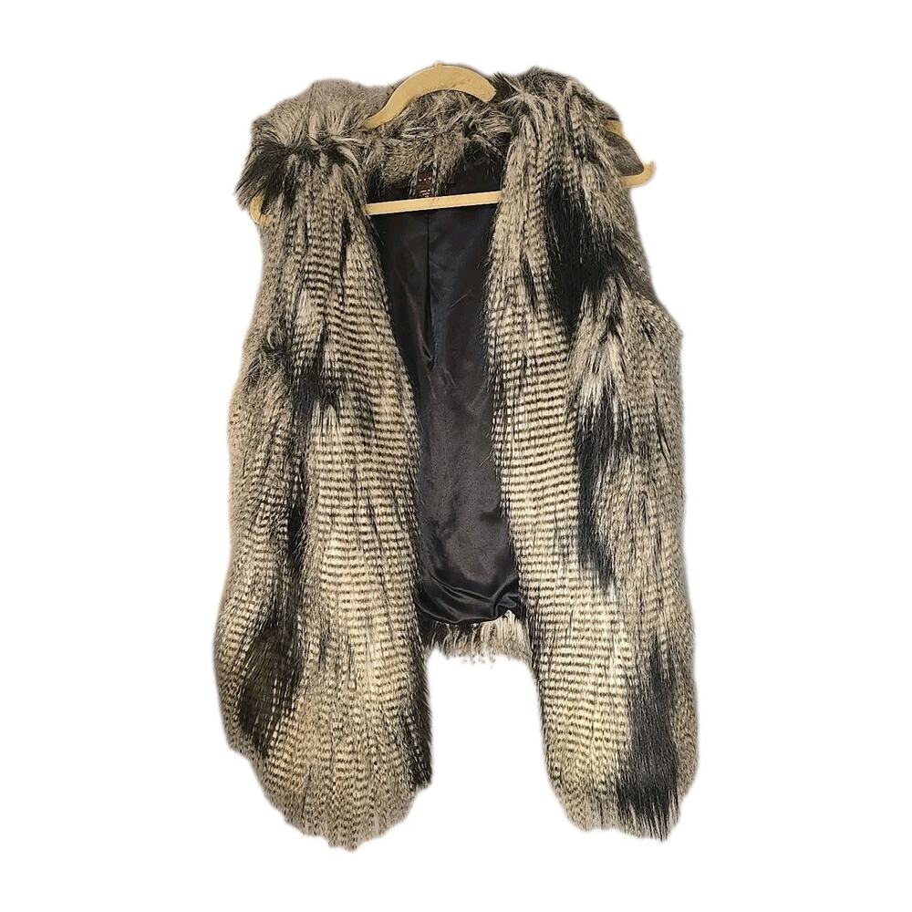 Fever Faux Fur Vest Grey Black Y2K Preppy Sleeveless Jacket Womens Medium